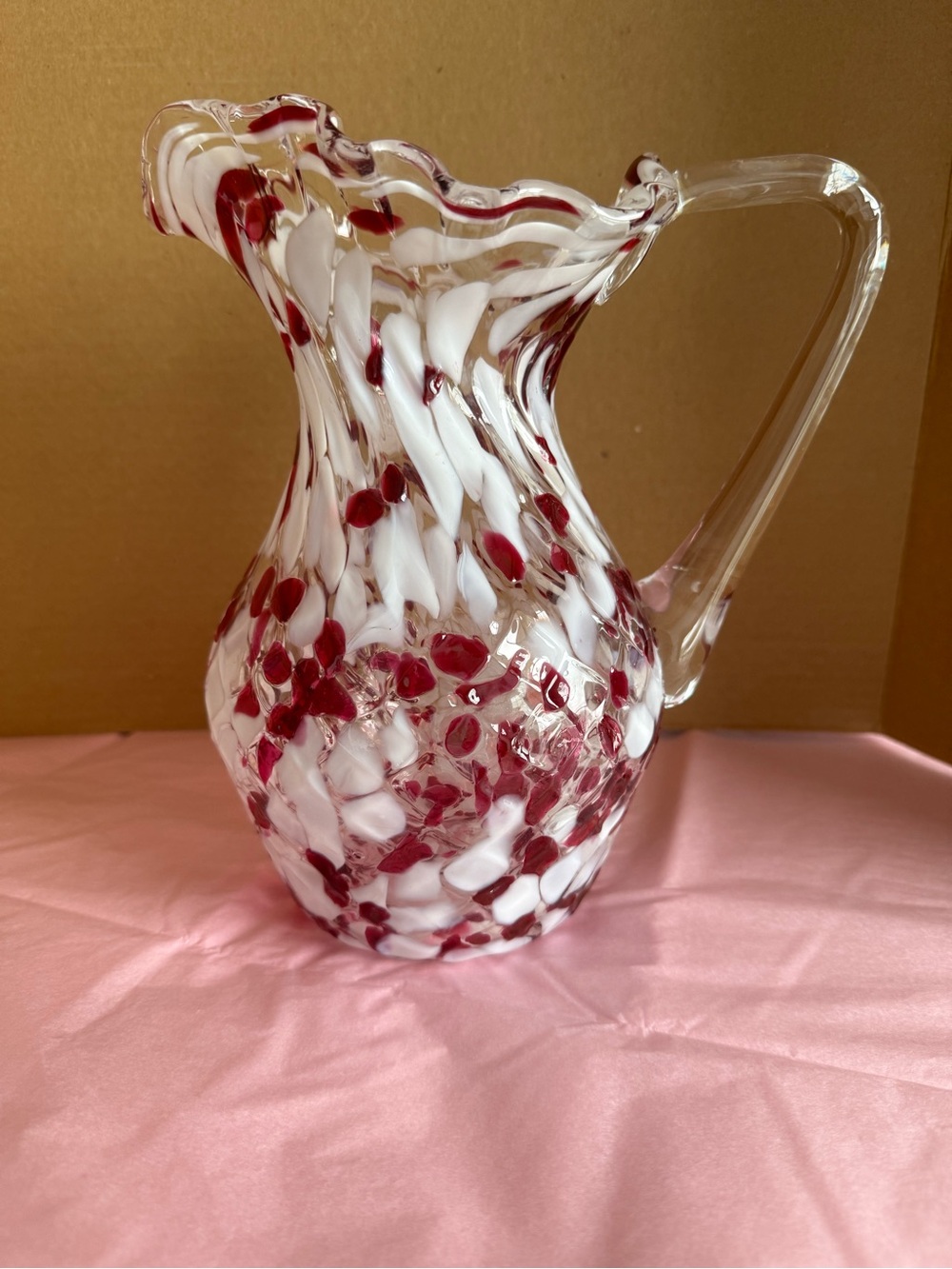 Vintage Hand-Blown Cranberry and White End of Day or Spatter Glass Pitcher Jug